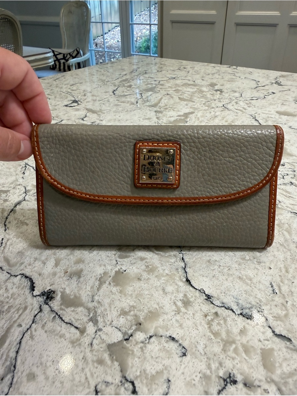 Dooney & Bourke Pebble Grain Continental Clutch Wallet in Gray with Tan Trim
